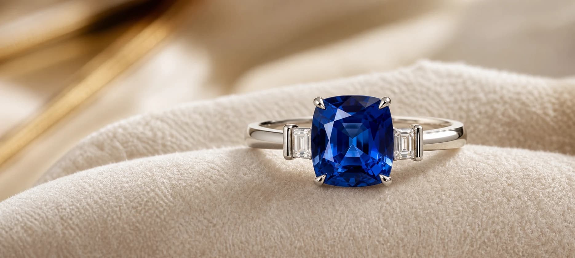 Blue sapphire ring on ivory fabric
